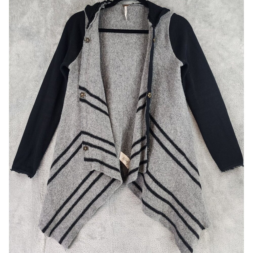 Free‎ People Hoodie Womens Extra Small Gray Black Striped Wool Button Up Drape